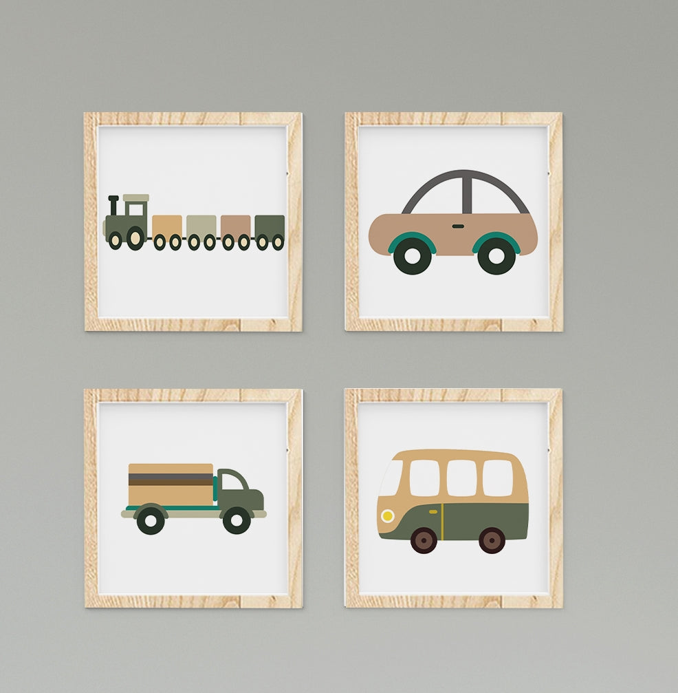 Yeşil Araba Tren Kamyon ve Gri Araba Yol Oyun Duvar Tablo