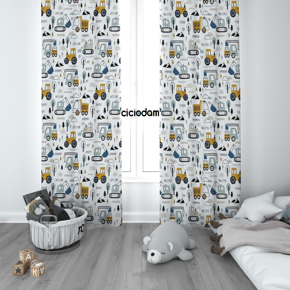 Bulutlu Ağaçlı İnşaat Arabalı Kepçe Kamyon Çocuk Odası Perdesi 4237