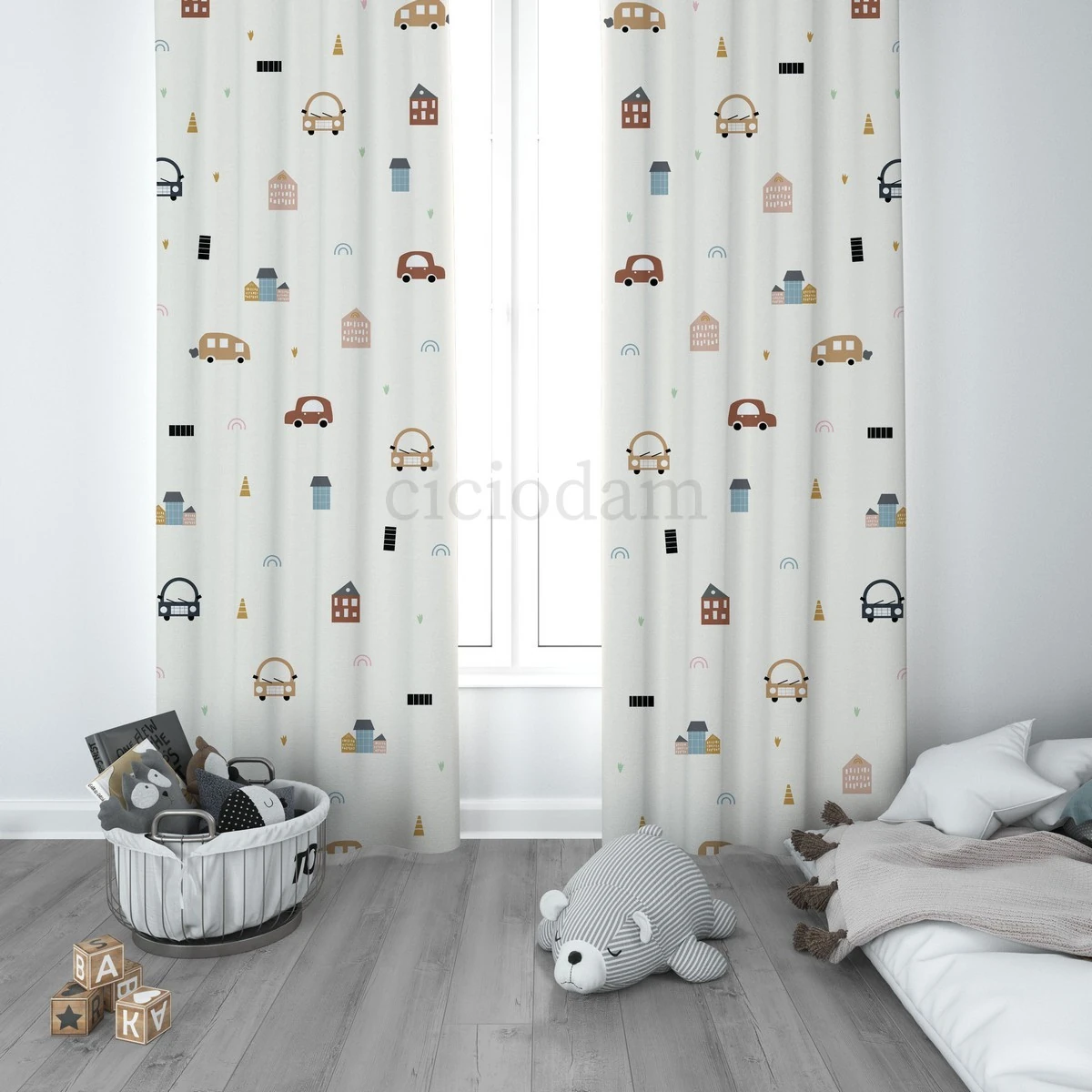 Renkli Arabalar Gökkuşağı Ve Dubalar Çocuk Odası Perdesi