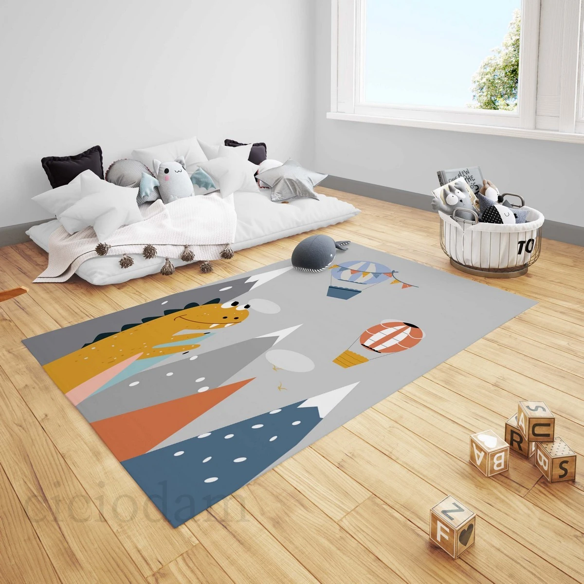 İskandinav Dağlar ve Uçan Balonlar Dinozorlu Çocuk Halısı