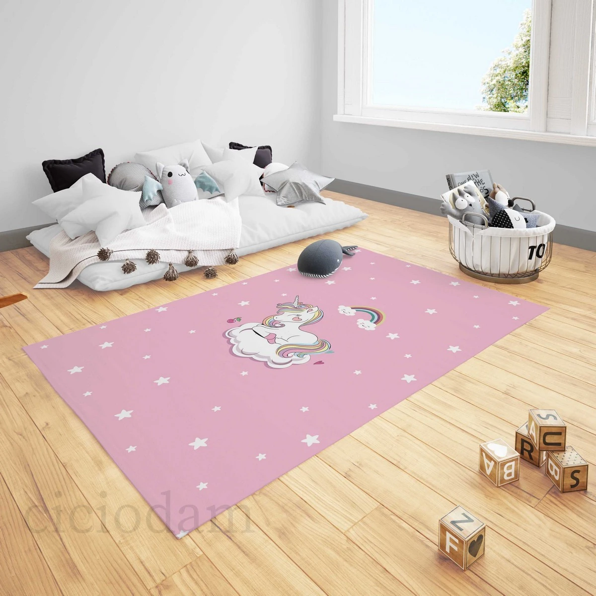 Gökkuşağı Unicorn ve Yıldızlı Çocuk Halısı