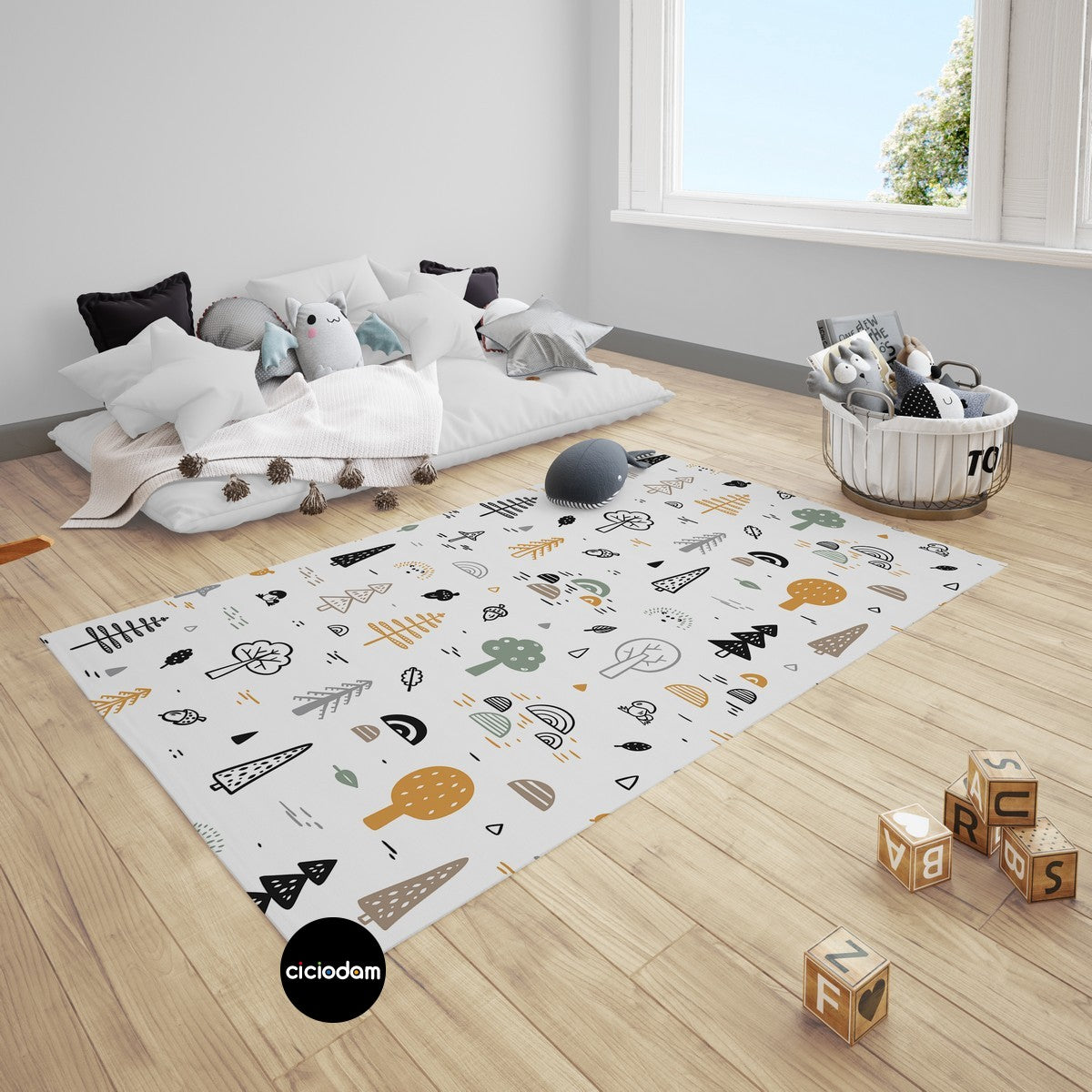 Renkli Şekilli Ağaçlı Ormanlık Temalı Çocuk Odası Halısı 4208