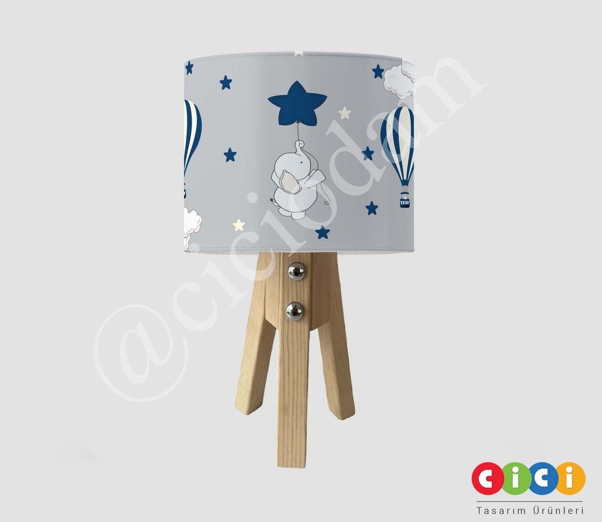 Hava Balonları Yıldızlar ve Balon Tutan Fil Çocuk Odası Abajur