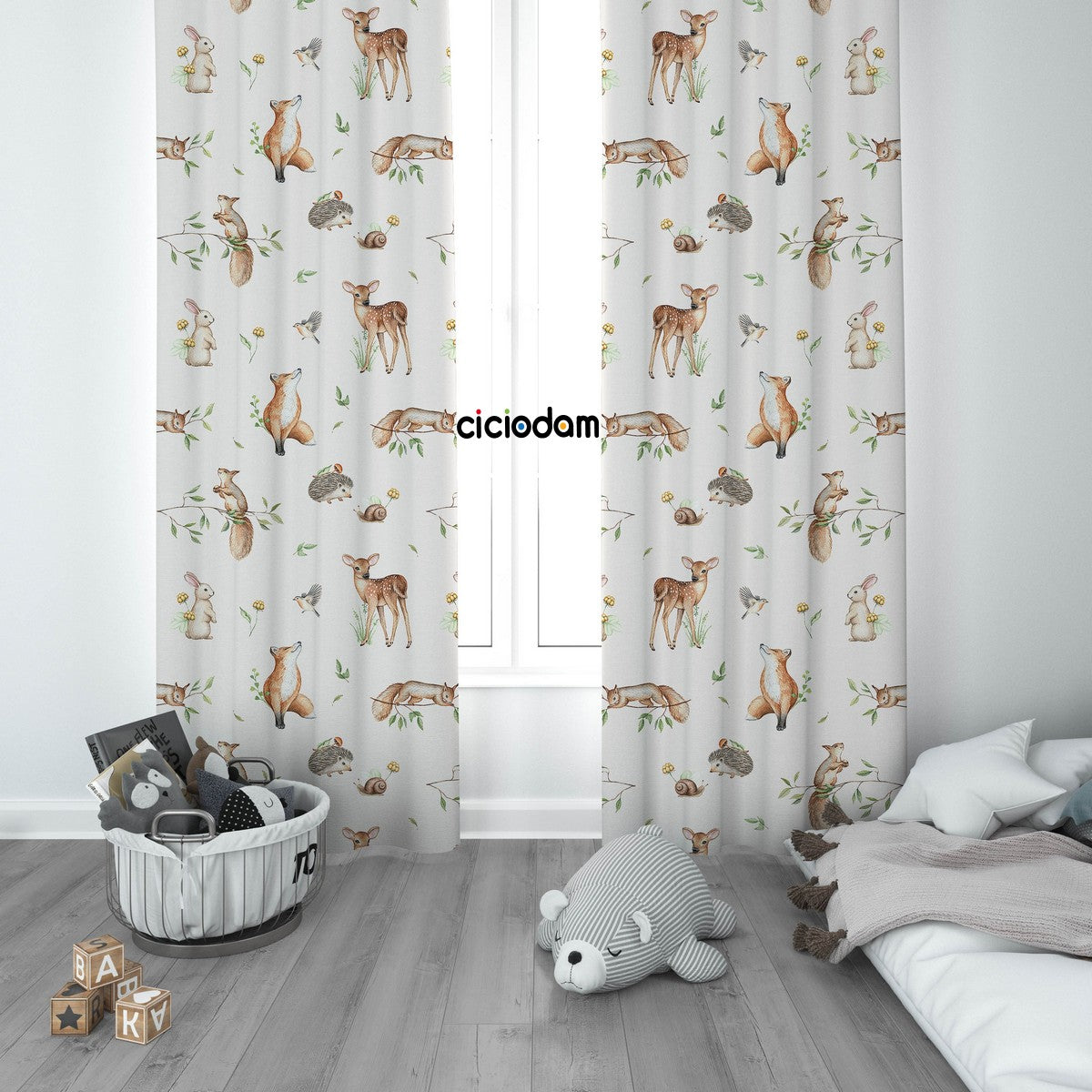 Ceylanlı Kuşlu Tilkili Sincaplı Tavşanlı Kirpili Hayvanlar Alemi Çocuk Odası Perdesi 4231