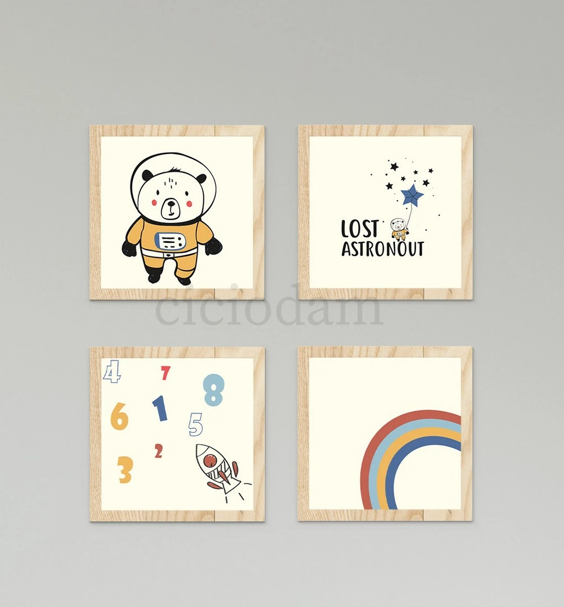 Astronot Ayı Gezegen Gökkuşağı Ve Roket Duvar Tablo