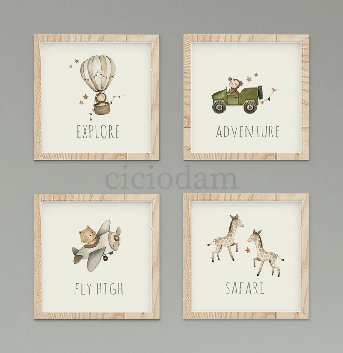 Zürafalı Maymunlu Zebralı Uçan Balonlu Ve Yeşil Araba Duvar Tablo