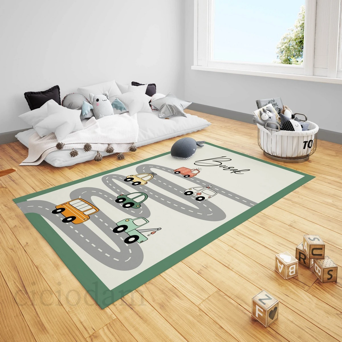 Arabalar ve Araba Yollu Oyun Temalı Çocuk Halısı