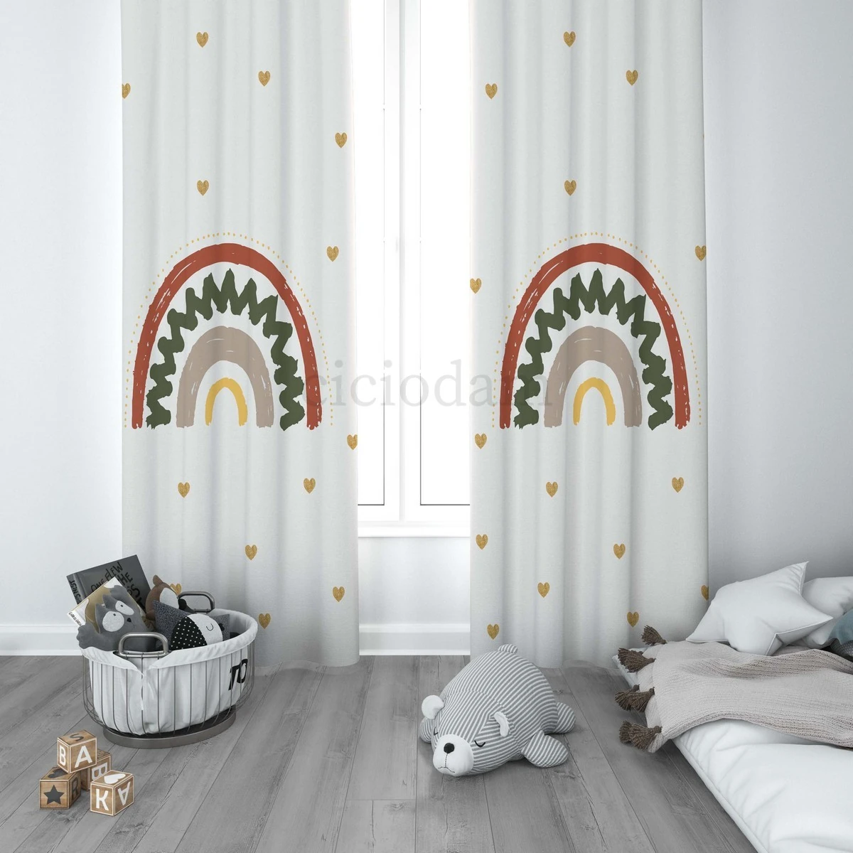 Yeşil Gökkuşağı Kalpler Çocuk Odası Perdesi