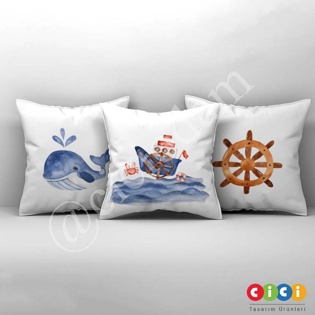 Çapa Dümen Balina Gemi Denizci Temalı Kırlent Kılıfı