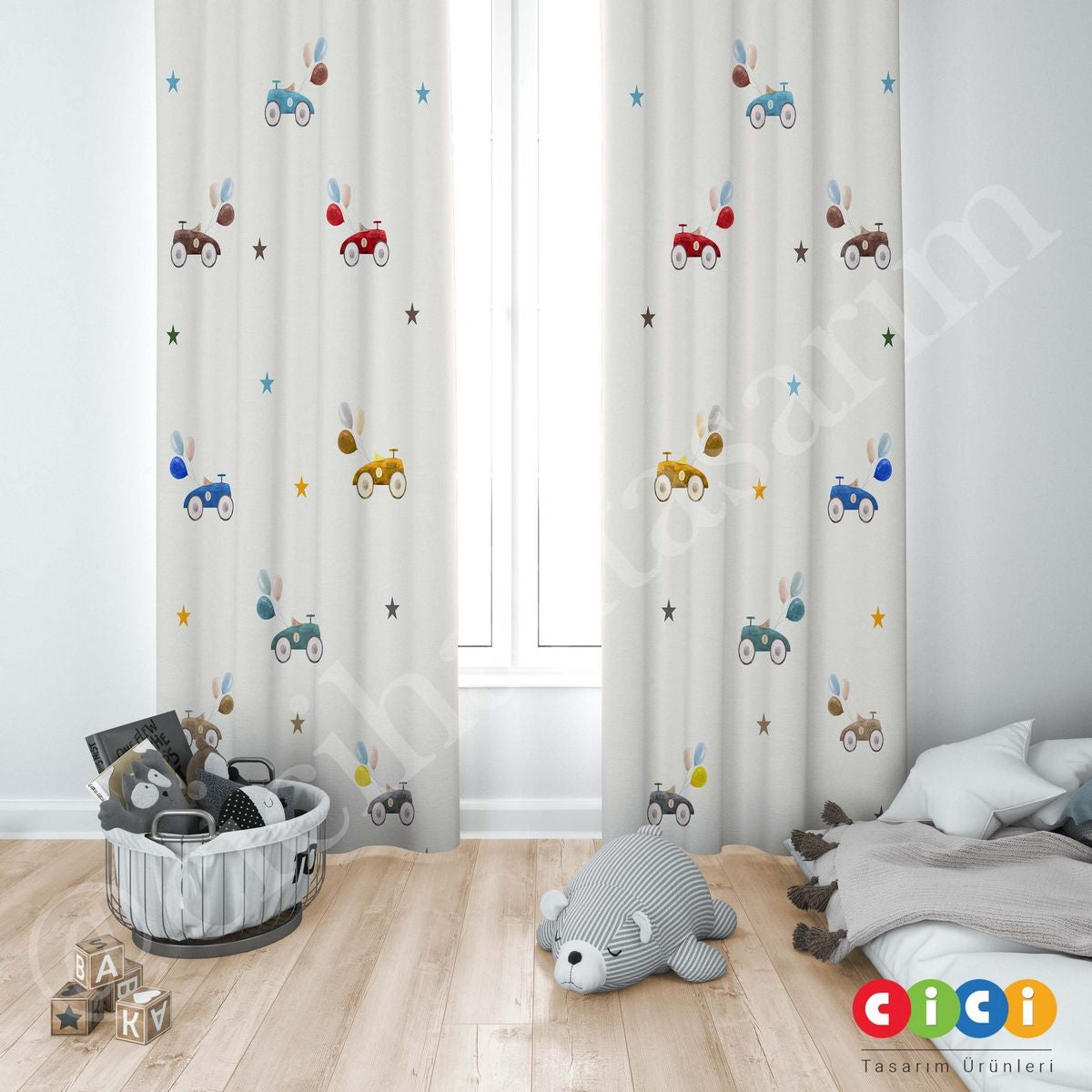 Renkli Tahta Araba Yıldız ve Yol Oyun Çocuk Odası Perdesi