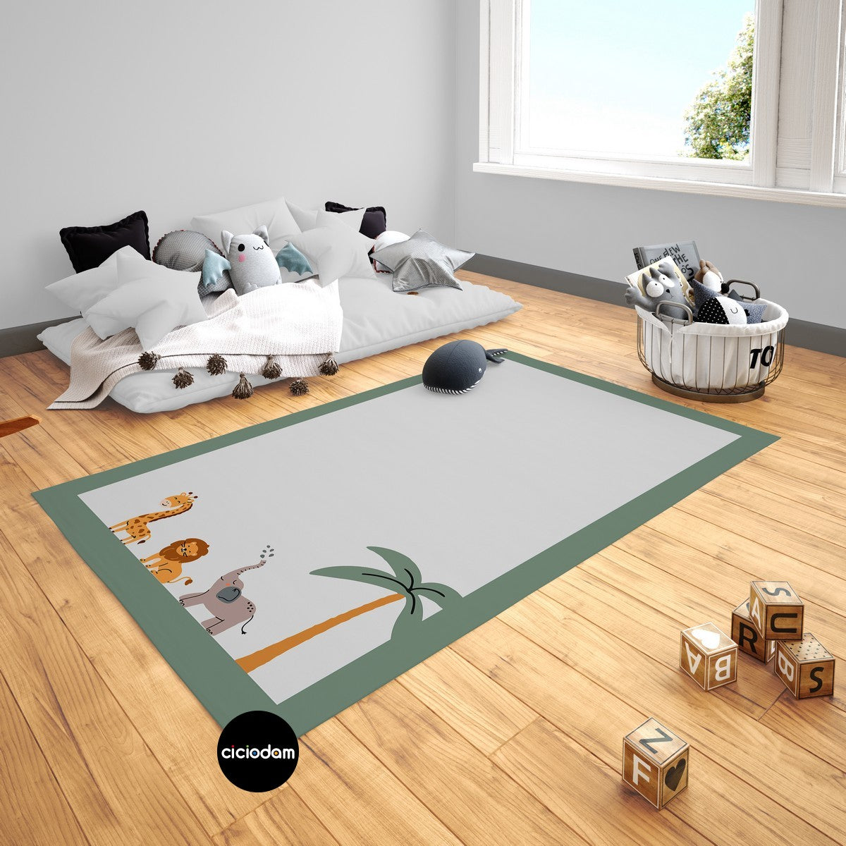 Filli Aslanlı Zürafalı Bordürlü Çocuk Odası Halısı 4232