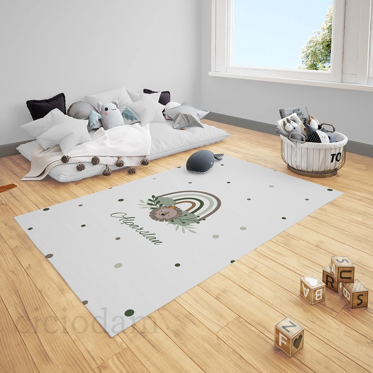 Yeşil Dallar Aslan Ve Puantiyeler İsimli Çocuk Halısı