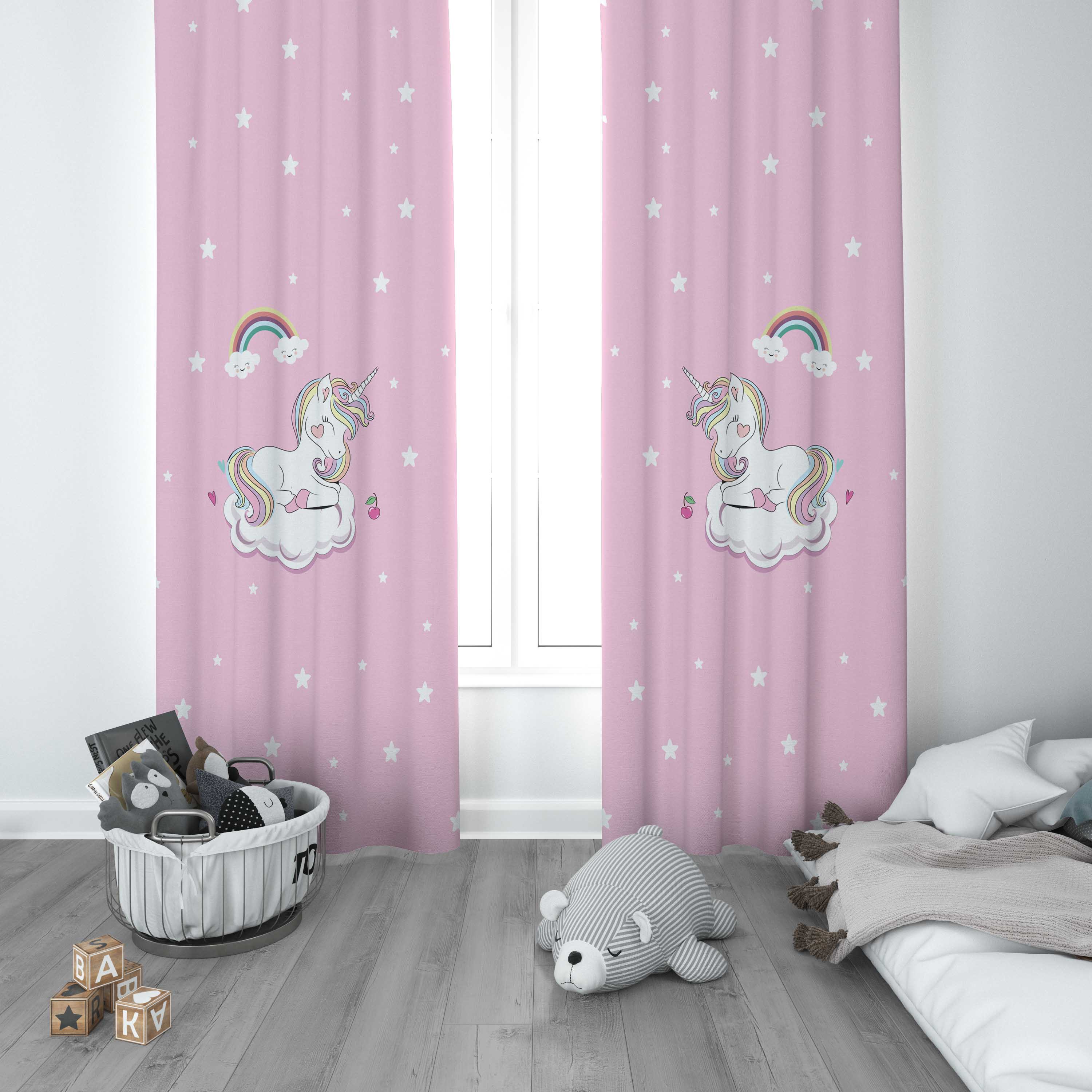 Gökkuşağı Unicorn ve Yıldızlı Çocuk Odası Perdesi