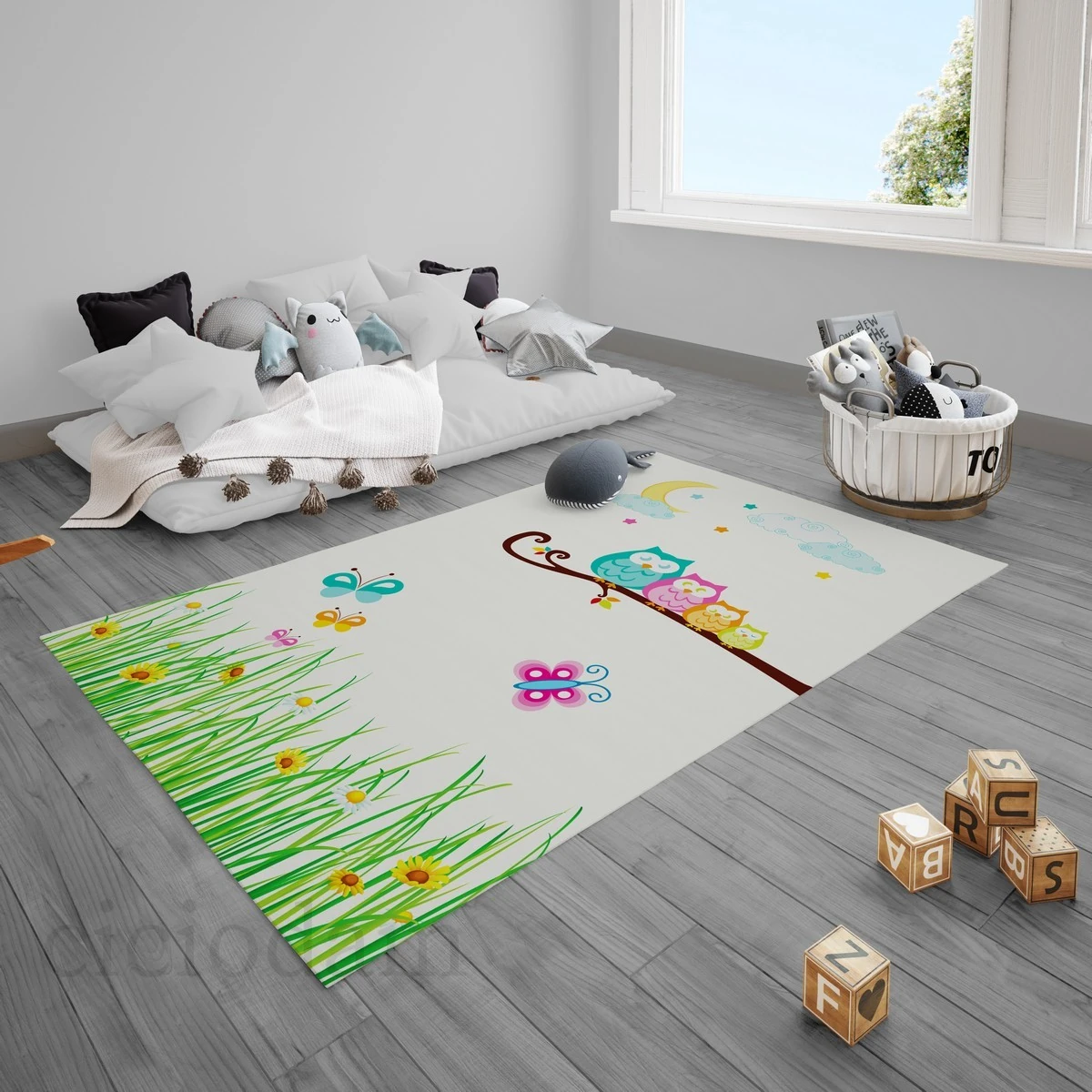 Baykuş Ailesi Bulut Ay Çiçekler Kelebekler Çocuk Halısı
