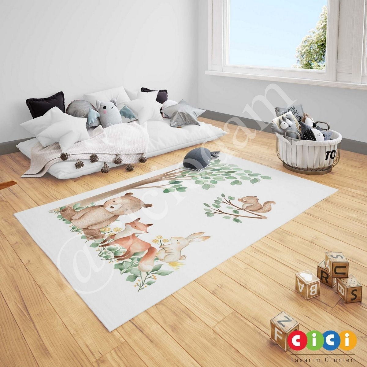 Sevimli Ayıcıklı Fil ve Sincap Çocuk Halısı