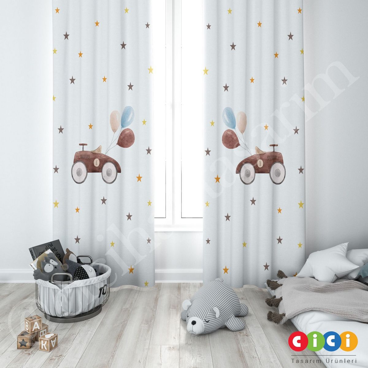 Tahta Araba Balonlar ve Yıldızlar Çocuk Odası Perdesi