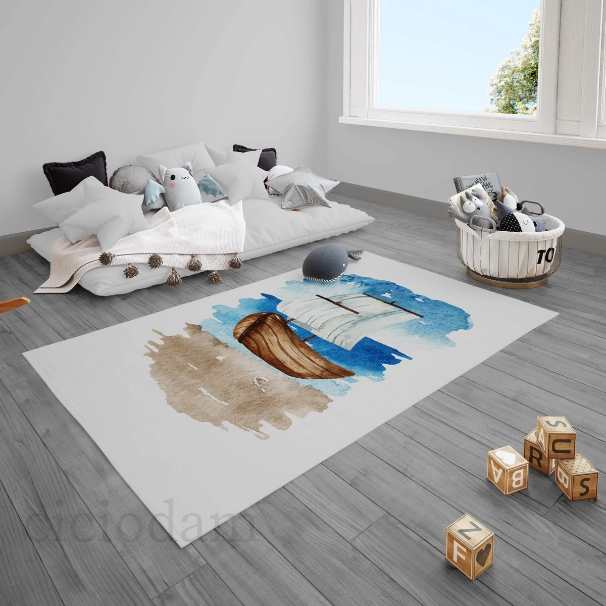 Çapa Dümen Gemi Yelken Denizci 4012 Çocuk Halısı