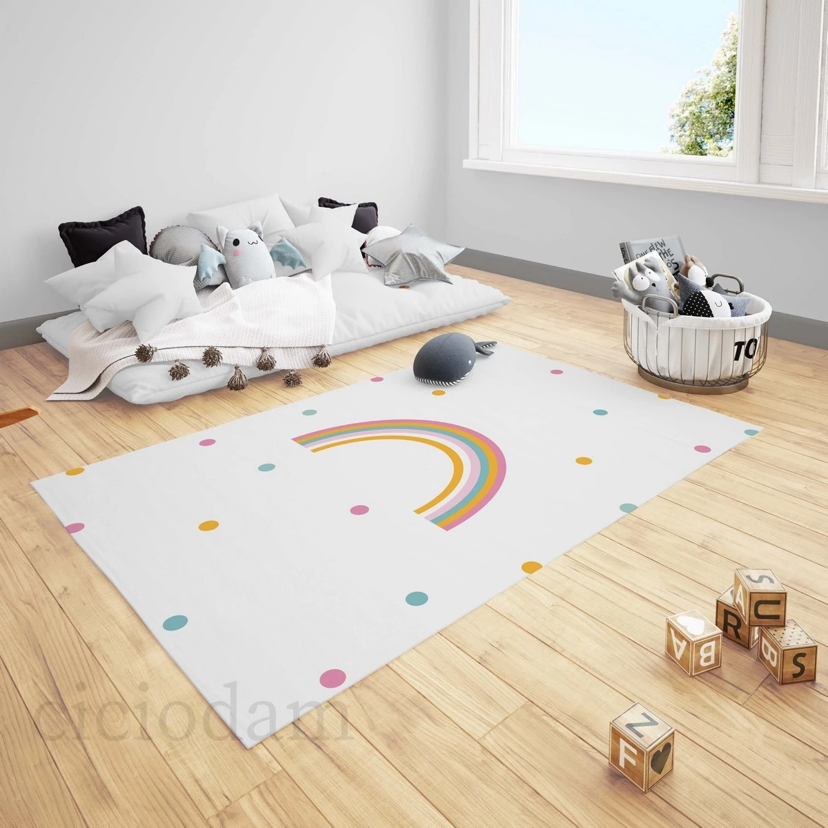 Renkli Gökkuşağı ve Puantiyeli Çocuk Halısı