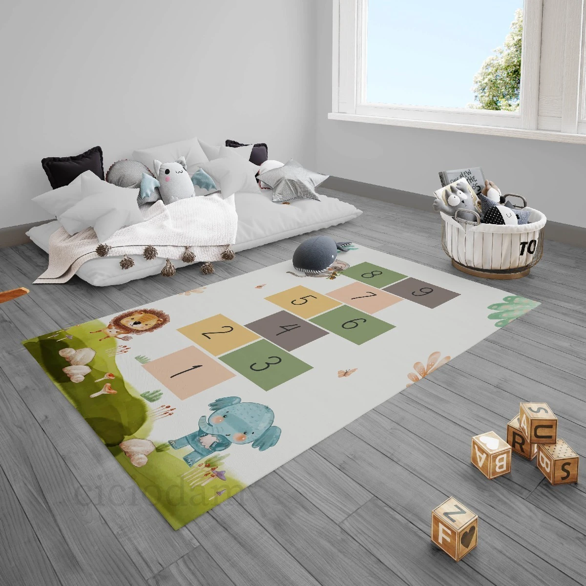 Filli Tavşanlı Aslanlı Çimenli Seksekli Çocuk Halısı