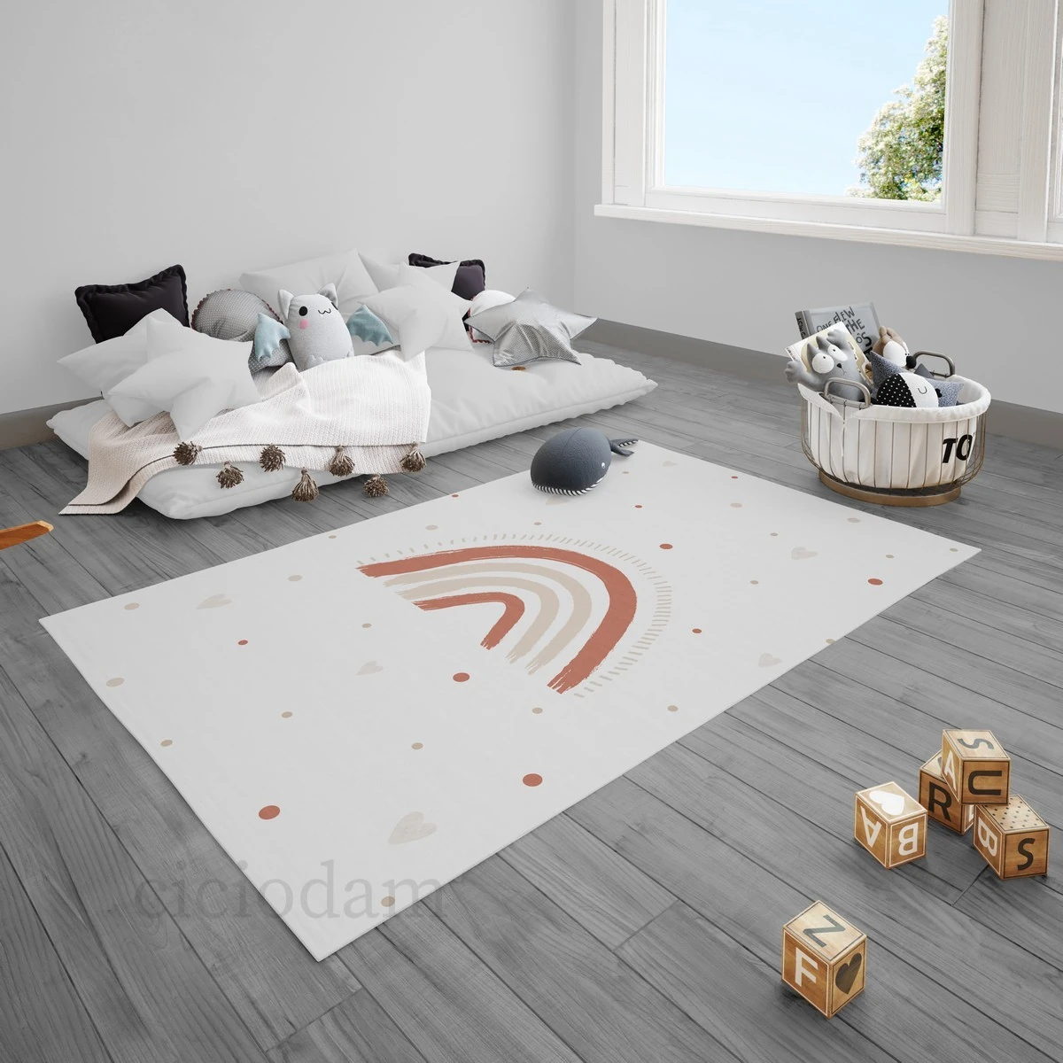 Gökkuşağı Puantiye Ve Kalpler Çocuk Halısı