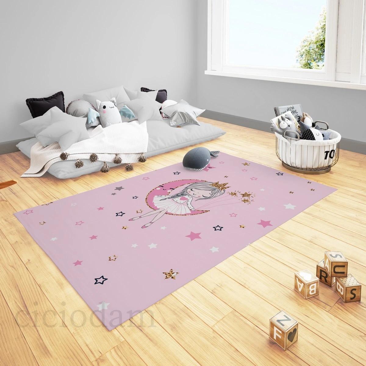 Ayda Uyuyan Kız ve Yıldızlar Çocuk Halısı