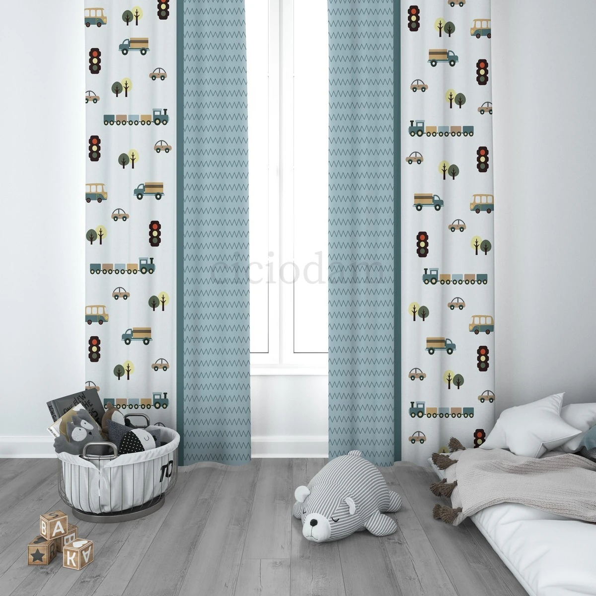 Mavi Araba Tren Kamyon ve Araba Yol Çocuk Odası Perdesi