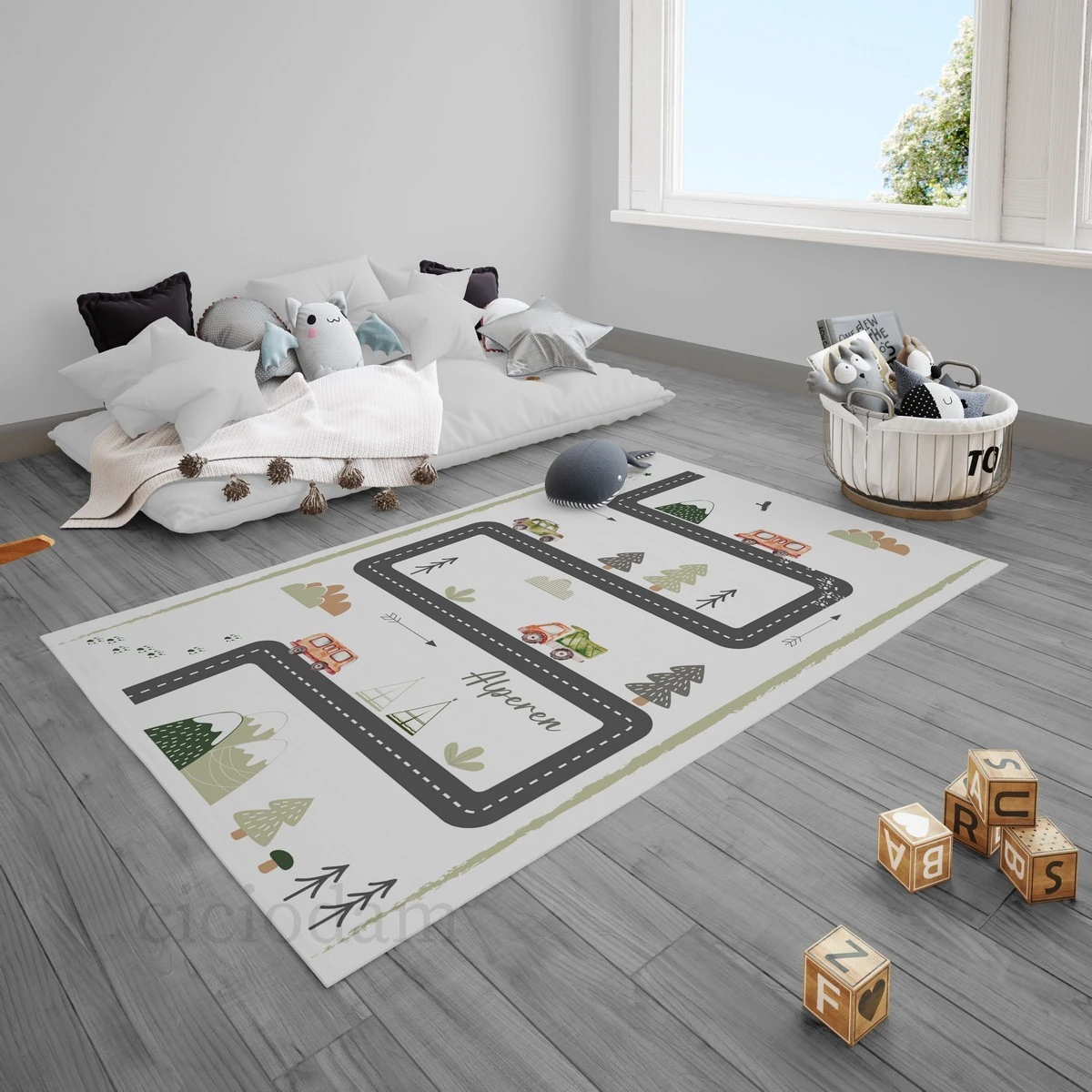 Yeşil Araba Yol Ağaçlar İsimli Çocuk Halısı