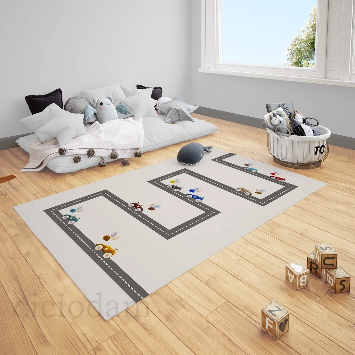 Renkli Tahta Araba Yıldız ve Yol Oyun Çocuk Halısı