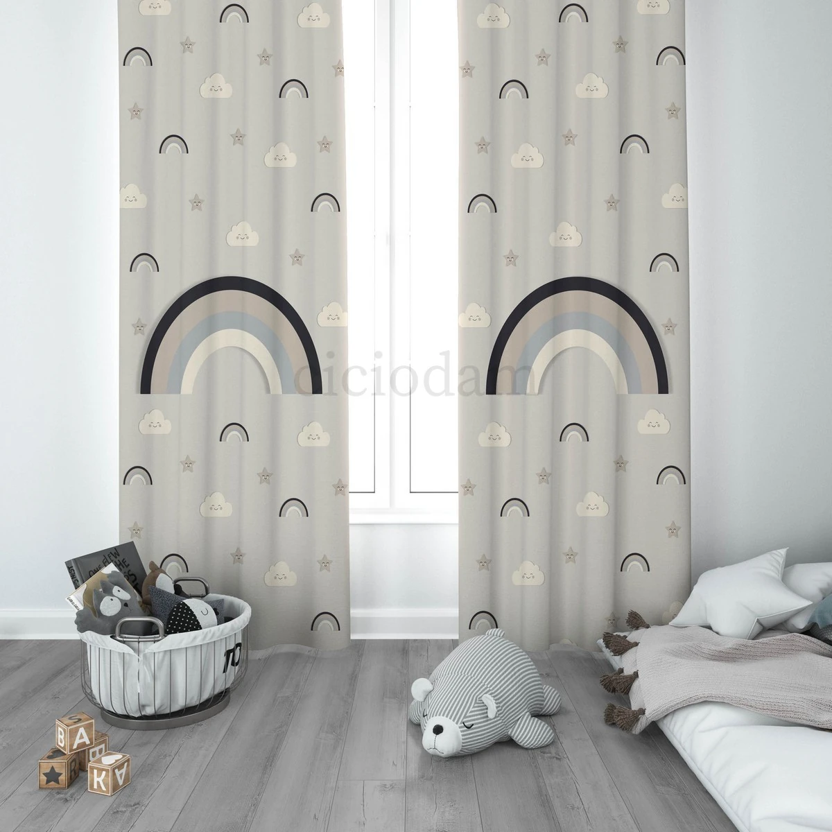 Gökkuşağı Ve Gülen Bulut Yıldız Çocuk Odası Perdesi