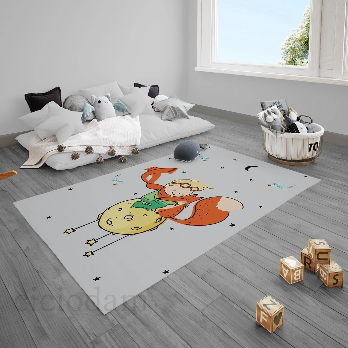 Ay Üstünde Küçük Prens Yıldızlar ve Helikopter Çocuk Halısı