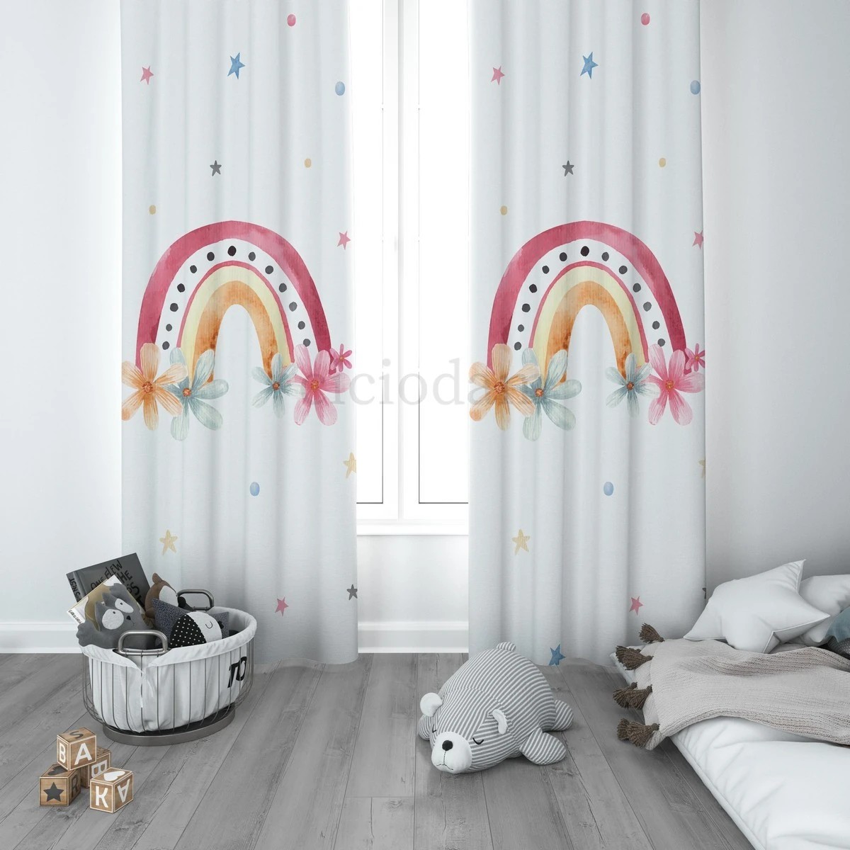 Gökkuşağı Yıldız ve Buluttan Seksek Oyun Çocuk Odası Perdesi