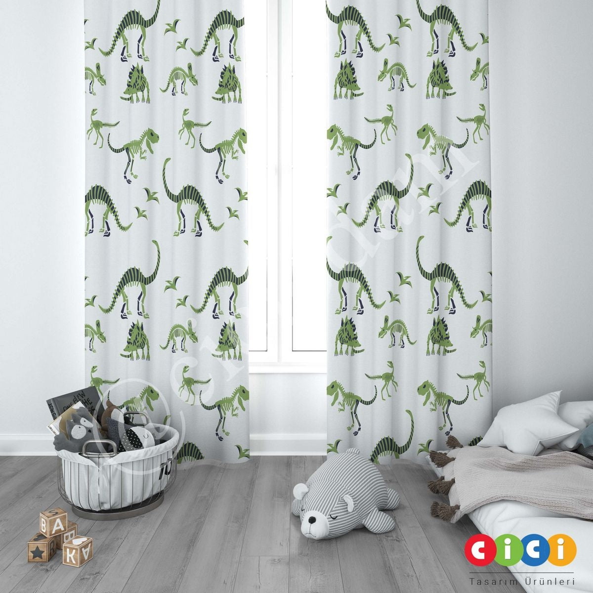 Yeşil Dinozorlar ve Ayak İzleri Çocuk Odası Perdesi