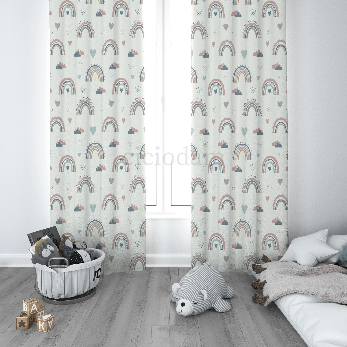 Pembe Mavi Gökkuşağı Puantiyeler Çocuk Odası Perdesi