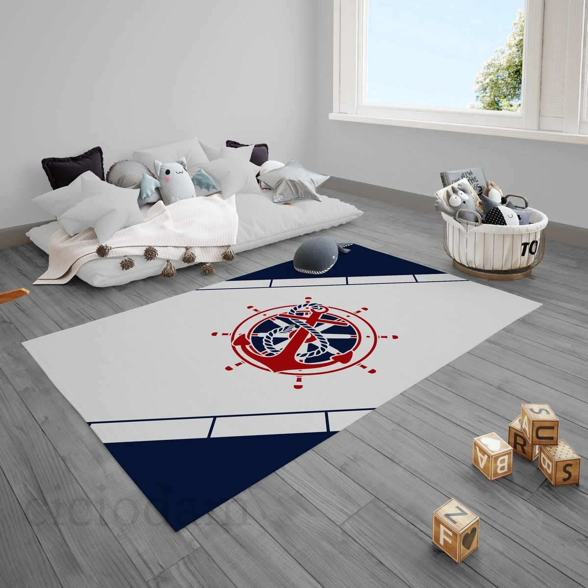 Kırmızı Lacivert Çapa Dümen Denizci Çocuk Halısı