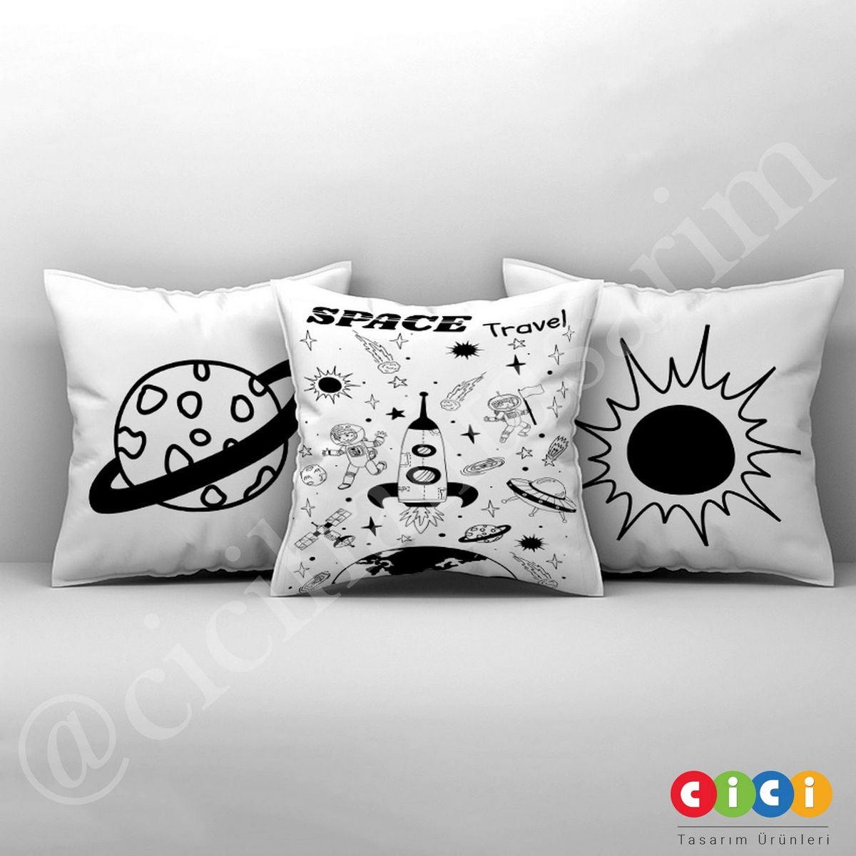 Space Travel Roket Astronot ve Gezegenler Kırlent Kılıfı