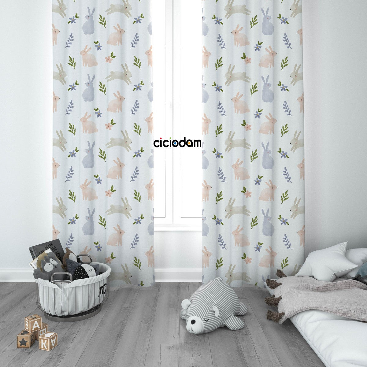 Rengarenk Sevimli Tavşanlı Çiçekli Çocuk Odası Perdesi 5125