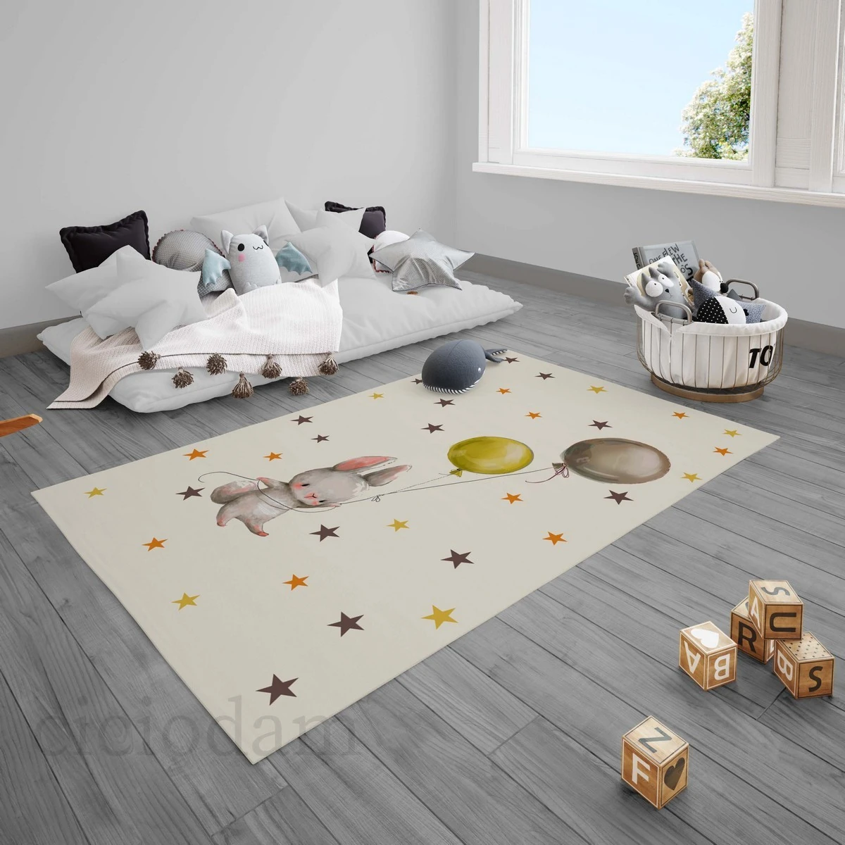 Balon Tutan Tavşan ve Yıldızlar Çocuk Halısı