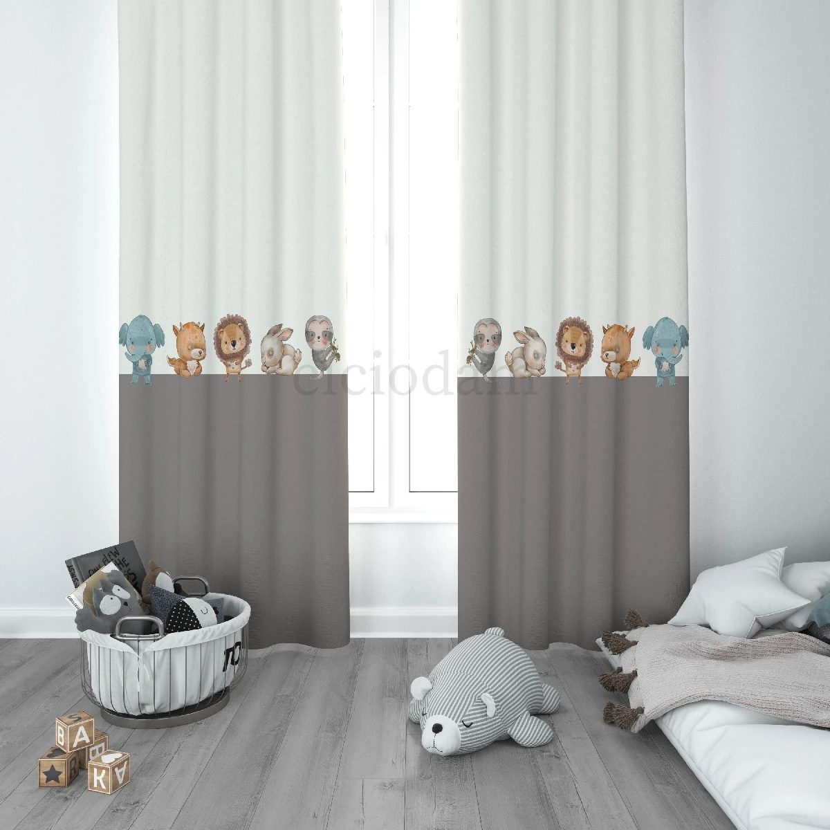 Filli Tavşanlı Aslanlı Çimenli Çocuk Odası Perdesi