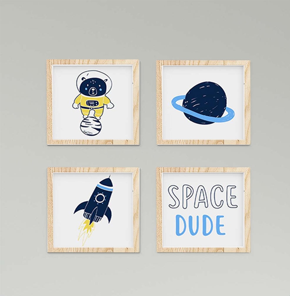 Space Roket Astronot Ayıcık ve Gezegenler Uzay 360 Duvar Tablo