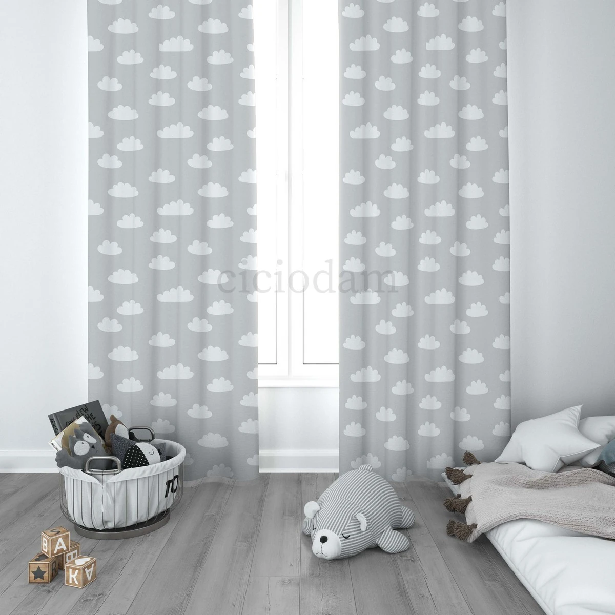 Sarı Gri Bulutlar Çocuk Odası Perdesi