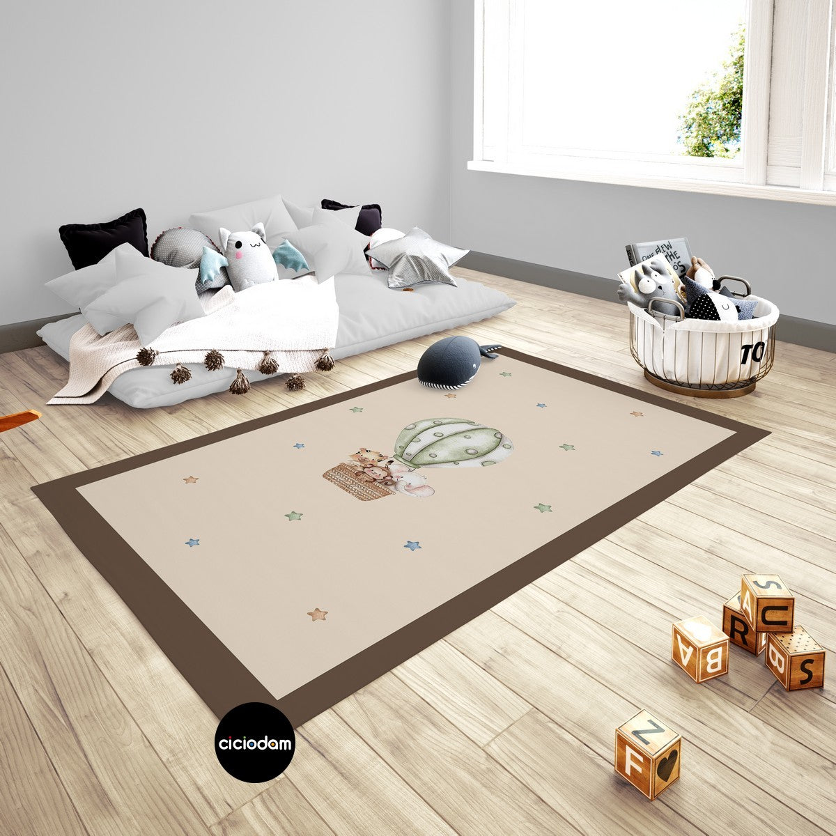 Uçan Balon Yıldızlı Aslanlı Maymunlu Bordürlü Çocuk Odası Halısı 4218-2