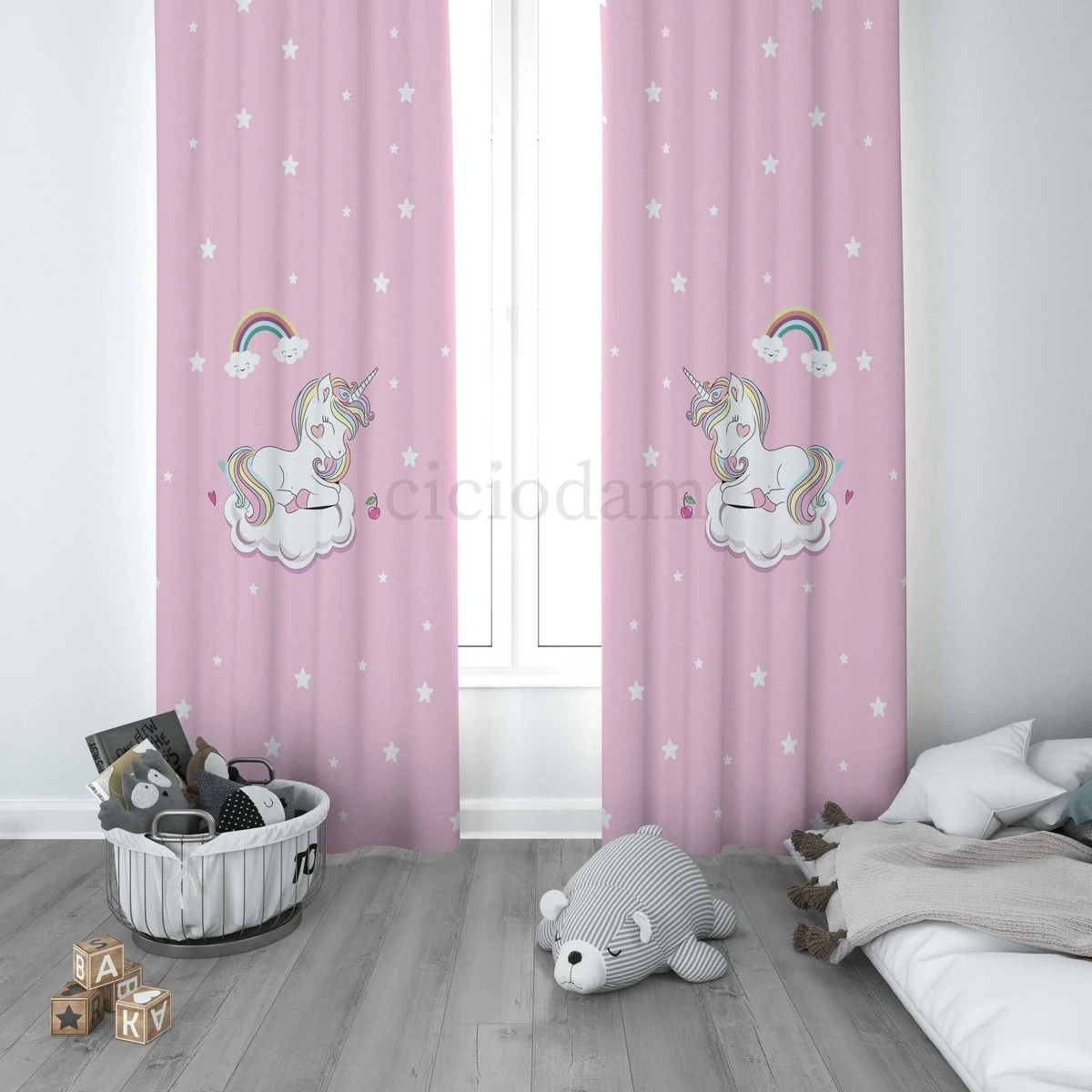 Gökkuşağı Unicorn ve Yıldızlı Çocuk Odası Perdesi