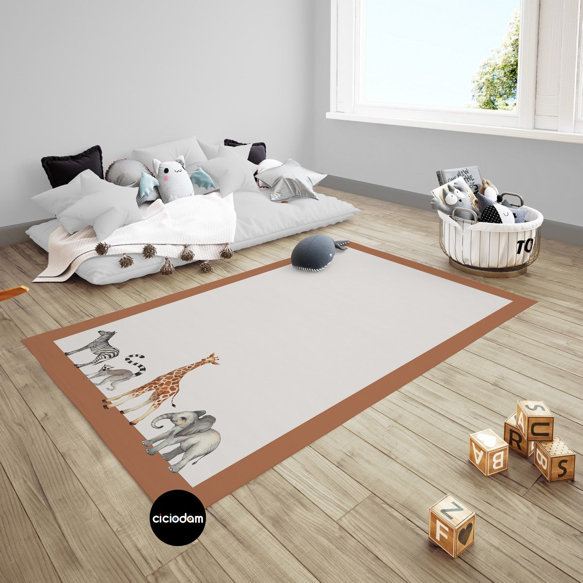 Zürafalı Filli Zebralı Maymunlu Hayvanlar Bordürlü Çocuk Odası Halısı 4230