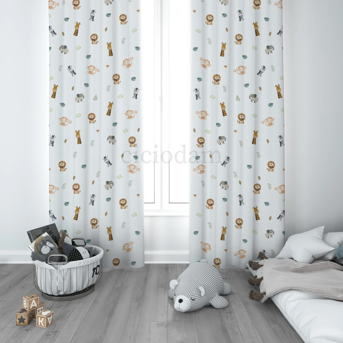 Aslanlı Zürafalı Zebralı Filli Maymunlu Çocuk Odası Perdesi