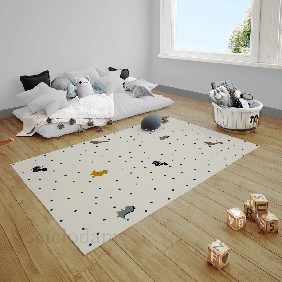 Renkli Dinazorlar Ve Puantiyeler Çocuk Halısı