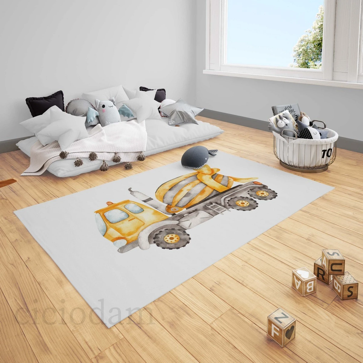 Sarı İnşaat Arabaları Çocuk Halısı