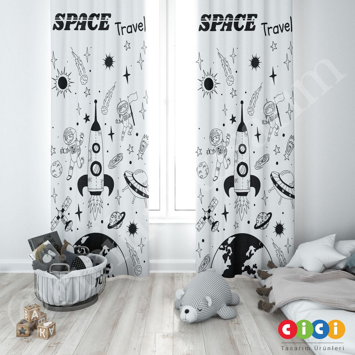 Space Travel Roket Astronot ve Gezegenler Çocuk Odası Perdesi