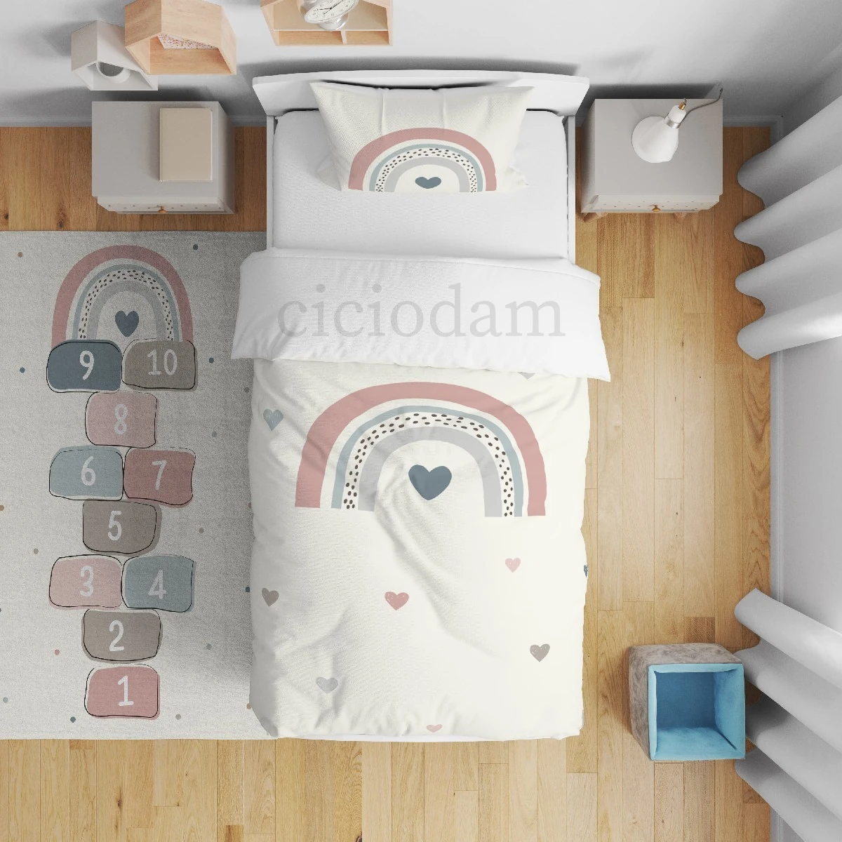 Pembe Mavi Gökkuşağı Puantiyeler Nevresim