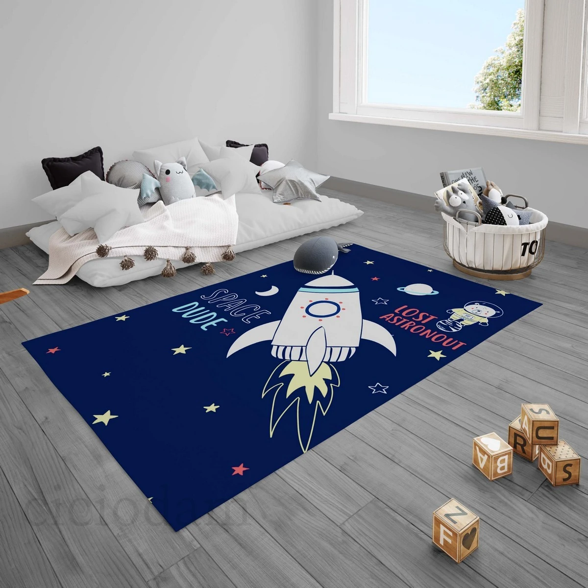Space Roket Astronot Ayıcık ve Gezegenler Uzay 360 Çocuk Halısı