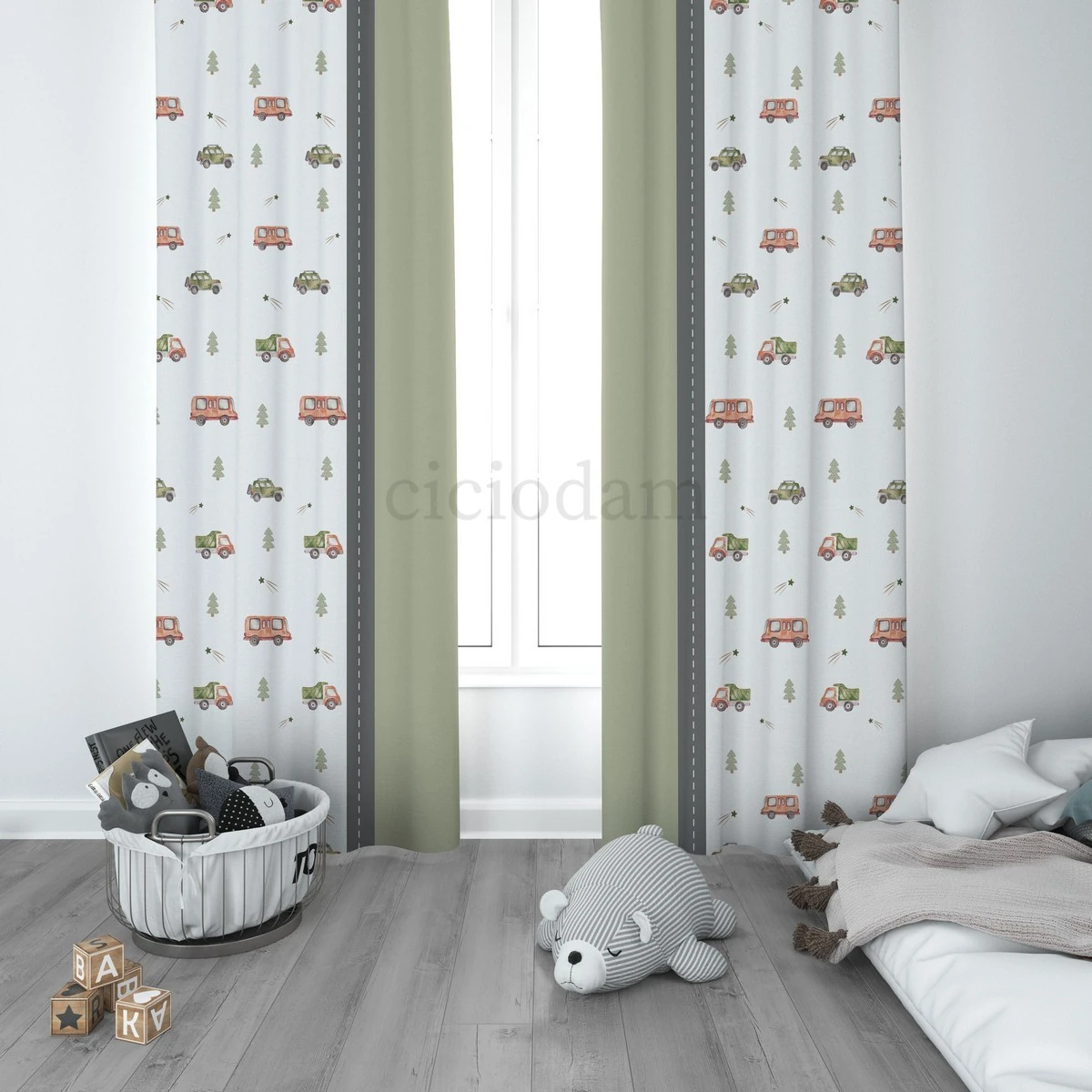 Yeşil Araba Yol Ağaçlar Çocuk Odası Perdesi